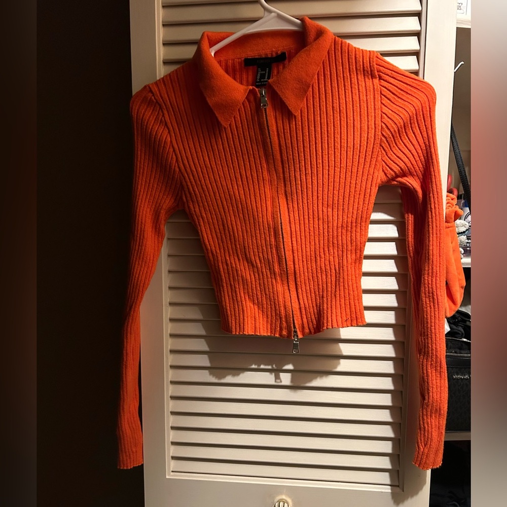 Forever 21 Orange Ribbed Zip-Up Top